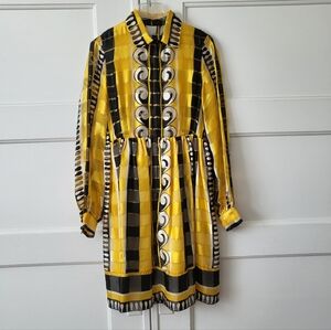 Anna Sui Gold Black Scroll Checkered Satin Long Sleeve Dress Size 6